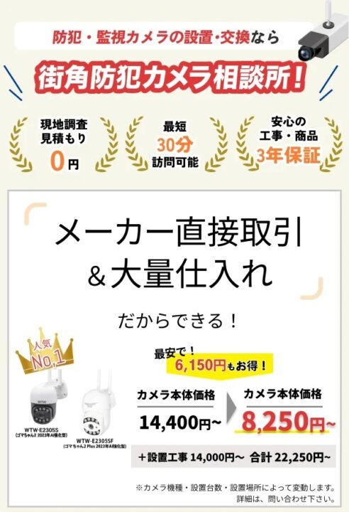街角防犯カメラ相談所の初期費用はどのくらい?工事費・機器代の実態